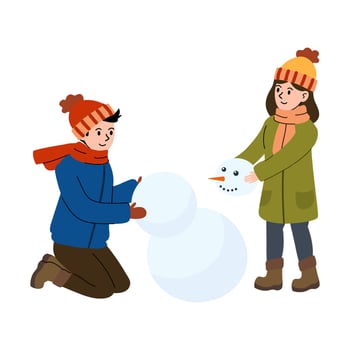 Friends build a snowman together on a winter day in a snowy landscape vector
