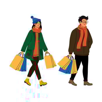Young couple enjoying a shopping day in casual winter attire with colorful bags vector