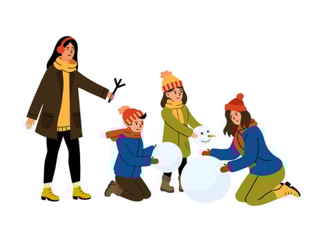 Kids building a snowman with a friend in winter attire on a snowy day vector
