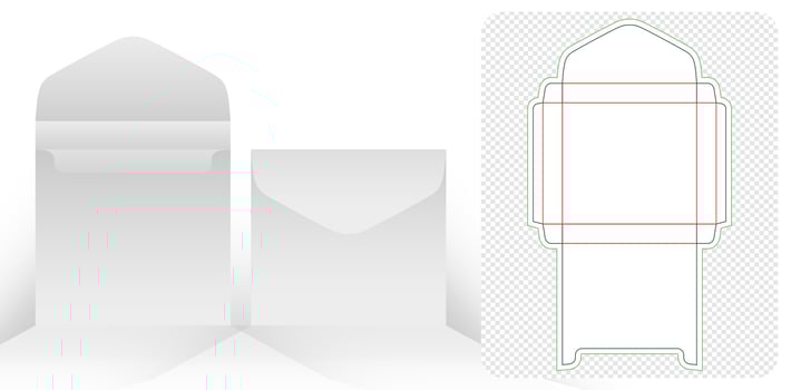 Envelope square model packaging die cut template design 3d mockup isolated white backgrounds for packaging branding, products compartment unique designs, minimalist conceptual holder, stationery packs vector
