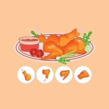 A plate with chicken, sauce and other ingredients vector