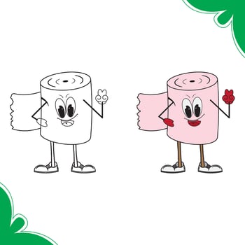 cartoon toilet paper roll character with a smiling face, wearing gloves and shoes, poses with a peace sign. This engaging and whimsical illustration features anthropomorphic elements, making it a fun. vector