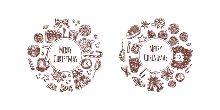 Hand-drawn festive desserts and drinks with Merry Christmas text vector