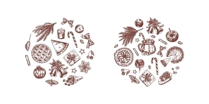 Hand-drawn holiday food and festive decoration illustration vector