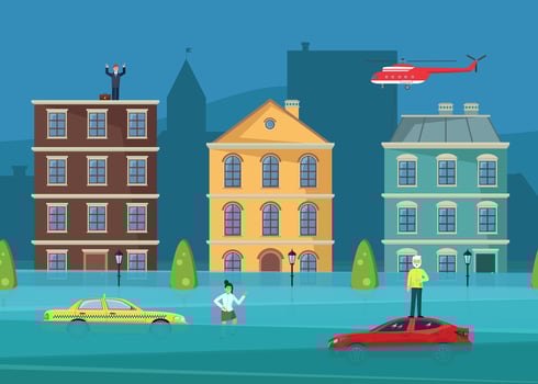Flood in the city center. People need help. Emergency, disaster. vector