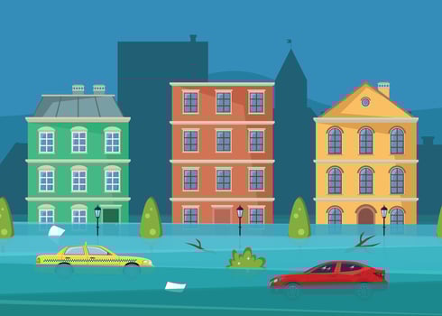 Flooding in the city center with submerged houses, cars and other objects. Emergency or disaster. vector