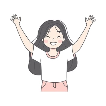Funny Pretty Cheerful Teen Girl Cartoon Character Wearing Casual Clothes Raising Hands Up vector