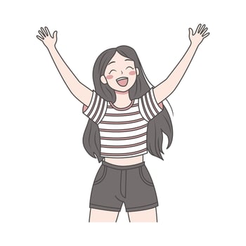 Cute Pretty Cheerful Teen Girl Cartoon Character Wearing Casual Clothes Raising Hands Up vector