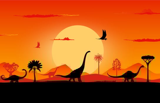 Dinosaurs, sunset silhouette landscape background vector