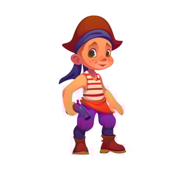 Cartoon funny kid boy pirate corsair with pistol vector