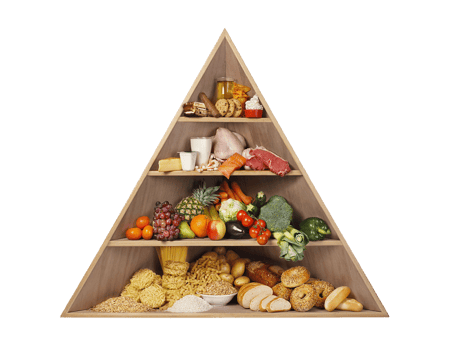 A pyramid shaped shelf with food on it png