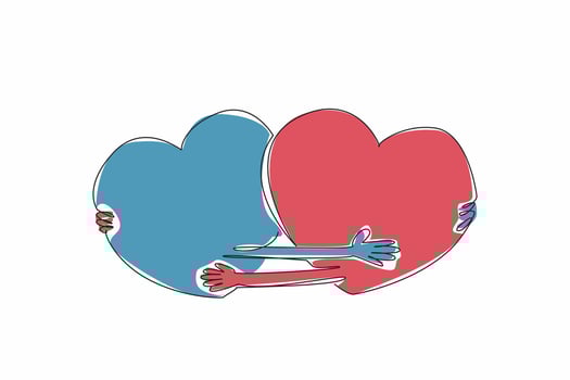 Single continuous line drawing two hearts embrace each other. Interlinked. Trust each other. Give each other comfort. Giving warmth of heart. National Hug Day. One line design illustration vector