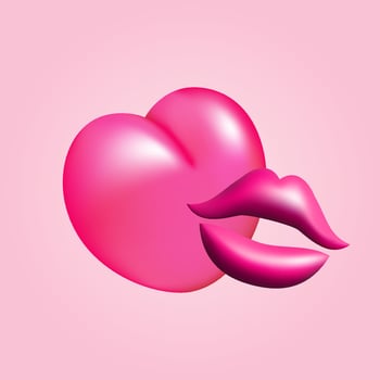 3d pink lips with heart illustration design. Sexy mouth, lipstick, makeup, make up. vector