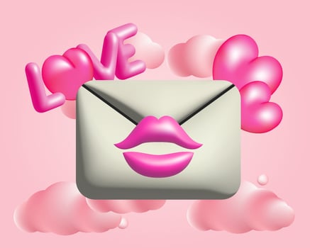 3d white mail envelope with pink hearts and lips. Clouds, kiss and letter love. Realistic design for Valentine and Mother Day, wedding postcard. vector