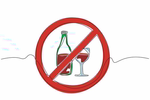 One line drawing of forbidden alcohol bottle and glass. Stop drinking liquor campaign. Urging people to healthy lifestyle with no beer. Dry January vector