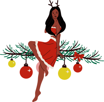 A woman in a santa costume sitting on a branch with christmas decorations png