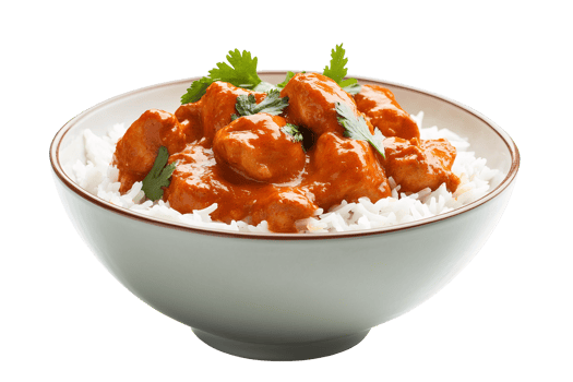 A bowl of rice with chicken curry and cilantro png