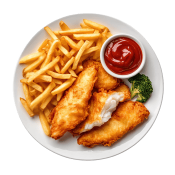 Fish and chips with ketchup and broccoli png