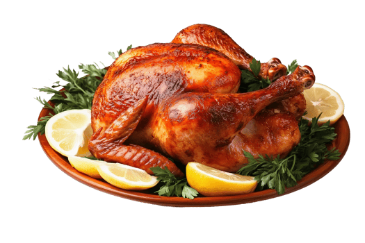 A roasted turkey with lemons and herbs on a plate png
