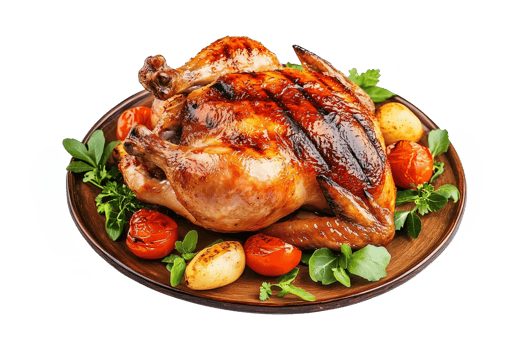 A roasted chicken on a plate with vegetables png