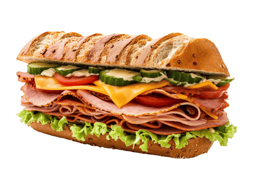 A sub sandwich with meat, cheese and vegetables png