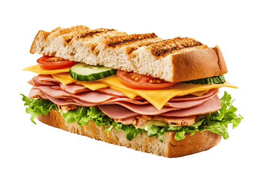 A sandwich with meat, cheese and vegetables png