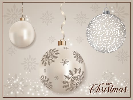 Shiny Pearl Metallic Christmas baubles with star decoration, glitter and background. vector