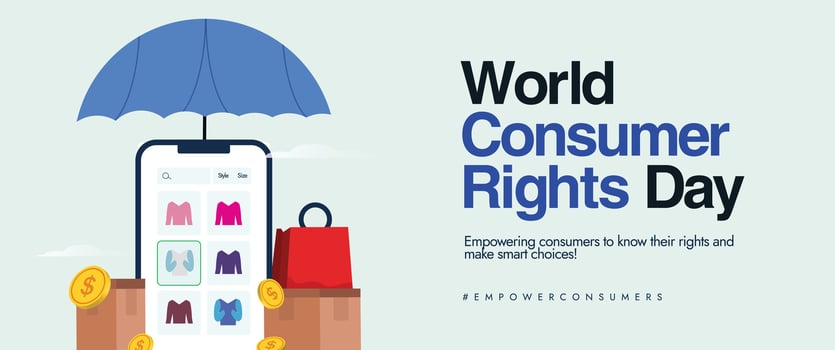 Consumer rights day awareness banner with big mobile phone screen, shopping catalogue, shopping bag under Umbrella. vector