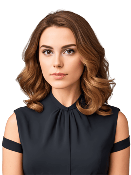 Young woman with shoulder-length wavy brown hair and dark eyes, a confident, powerful expression. She wears a smart blouse. png