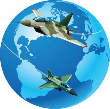 Two fighter jets flying around the earth representing global military power vector