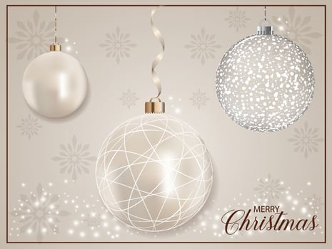 Pearly realistic Xmas bauble ball with white line decoration, glitter and background. vector