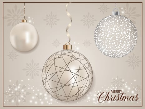 Pearly realistic Xmas bauble ball with dark brown line decoration, glitter and background. vector