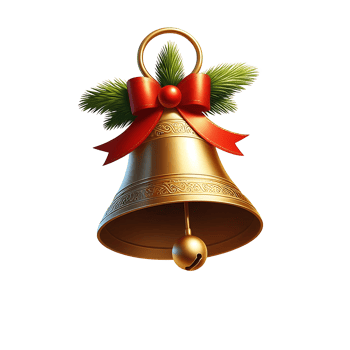 Realistic Christmas Bell With top ring leaves and red ribbon png