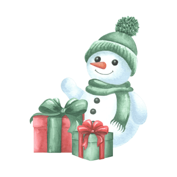 Snowman and gift boxes with bows. Cute cheerful character for winter holiday design. Hand drawn watercolor illustration isolated. Clipart for Christmas and New Year kids prints, wrapping, postcard. png