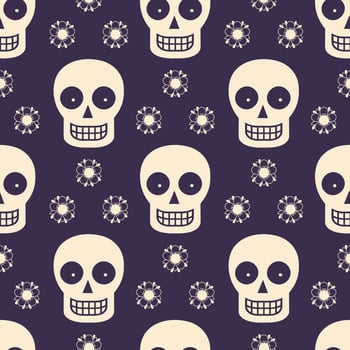 Seamless pattern with sugar skulls and flowers on dark background. Day of the Dead holiday background vector