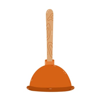 Cute cartoon rubber toilet plunger with wooden handle to unclog plumbing, pipe at sink, toilet. Hand drawn tool for housekeeping and clean up clogging. Funny clipart isolated on white background vector