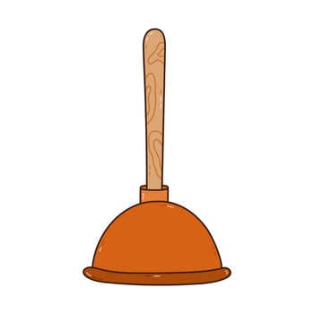 Cute outline rubber toilet plunger with wooden handle to unclog plumbing, pipe at sink, toilet. Hand drawn tool for housekeeping and clean up clogging. Colorful doodle isolated on white background. vector