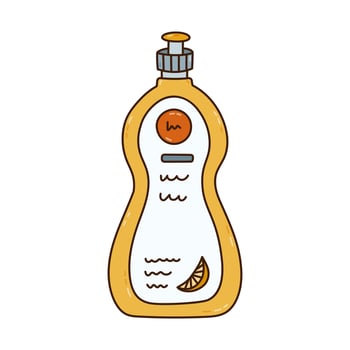 Cute colourful doodle dish washing gel with lemon flavor for kitchen utensil. Hand drawn bottle of detergent product to wash plates, mugs. Funny outline tool for sanitation isolated on background. vector