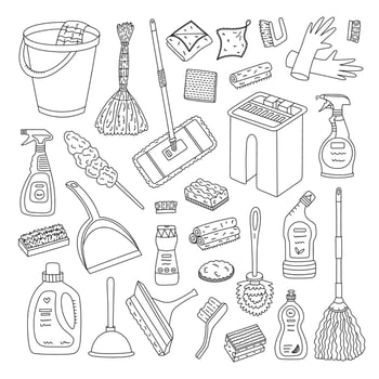 Cute doodle set with washing supplies and detergent agents. Hand drawn spray bottle, brush, bucket, chemical cleaning bottles, washing sponges. Funny outline collection isolated on white background. vector