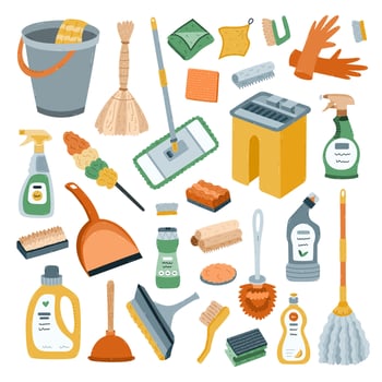 Cute cartoon set with cleaning supplies and detergent products. Hand drawn collection of spray bottle, brush, mop, chemical liquids, sponges. Funny clipart of tools to wash and cleanse apartment. vector