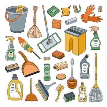Cute colourful doodle set with cleaning accessories and washing products. Hand drawn cartoon dust brush, spray, bucket, mop, chemical agent, gloves. Cartoon line collection isolated on white. vector