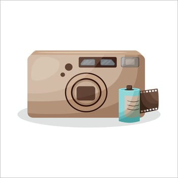 Film camera from the 80s-90s. Vintage photographs. Retro camera and camera film on a white background. 90s aesthetic. vector
