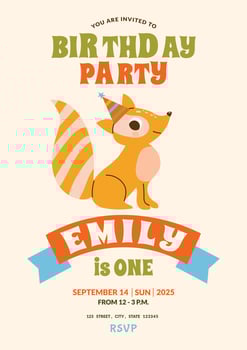 Template children's birthday party invitation. 1 year baby shower. Children's birthday card with cute raccoon. Kid party, social media, online, child photo frame. vector