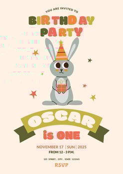 Template children's birthday party invitation. 1 year baby shower. Children's birthday card with cute hare. Baby Boy. Kid party, social media, online, child photo frame vector