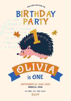 Template children's birthday party invitation. 1 year baby shower. Children's birthday card with cute hedgehog. Baby Girl. Kid party, social media, online, child photo frame. vector