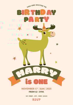 Template children's birthday party invitation. 1 year baby shower. Children's birthday card with cute elk. Baby Boy. Kid party, social media, online, child photo frame. vector