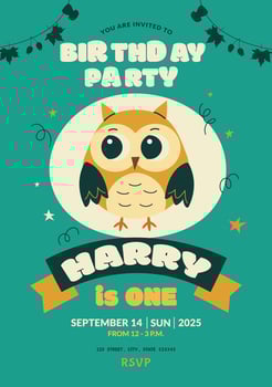 Template children's birthday party invitation. 1 year baby shower. Children's birthday card with cute owl. Kid party, social media, online, child photo frame. vector
