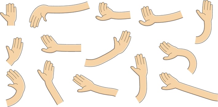 Collection of types of Cartoon hands greeting, waving and giving signs. illustration vector