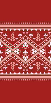 Elegant Paisley Border Gold and White Embroidery on Red Background. Bohemian Seamless Pattern . Fleur de lis, Boteh, Persian Pickle illustration Stripe, Luxury, Scarf, Celebration, Invitation. vector