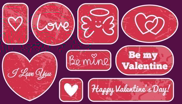 Cute red and white Happy Valentine's day stickers with greeting slogans and hearts. Textured grunge holiday badges with love symbols. vector